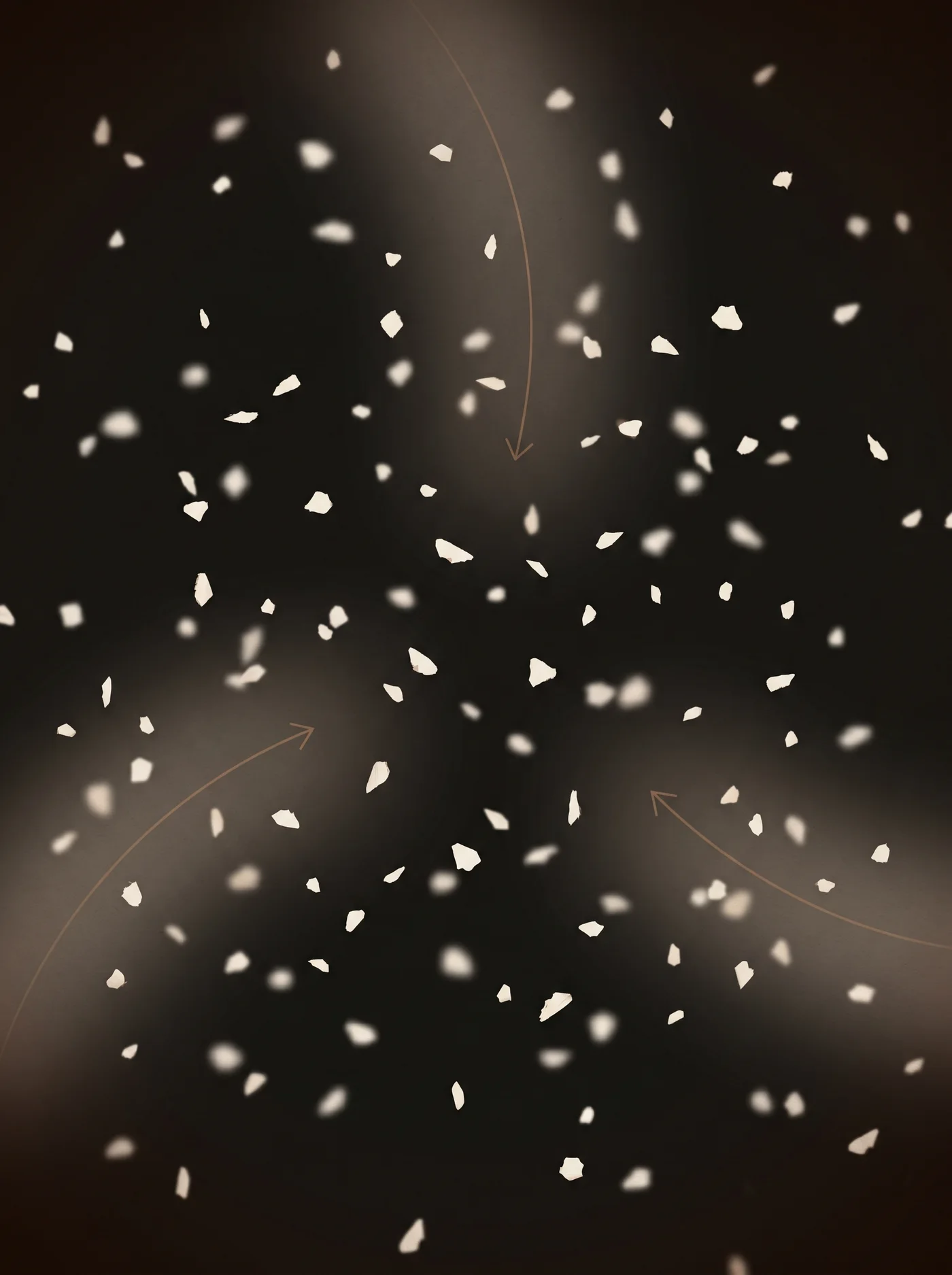 Drift of suspended microplastic particles with thin clay-colored arrows tracing exposure pathways through air, water, and the food chain.